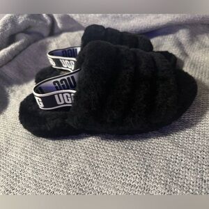 UGG Black Shearling Slide Slippers with Branded Heel Strap